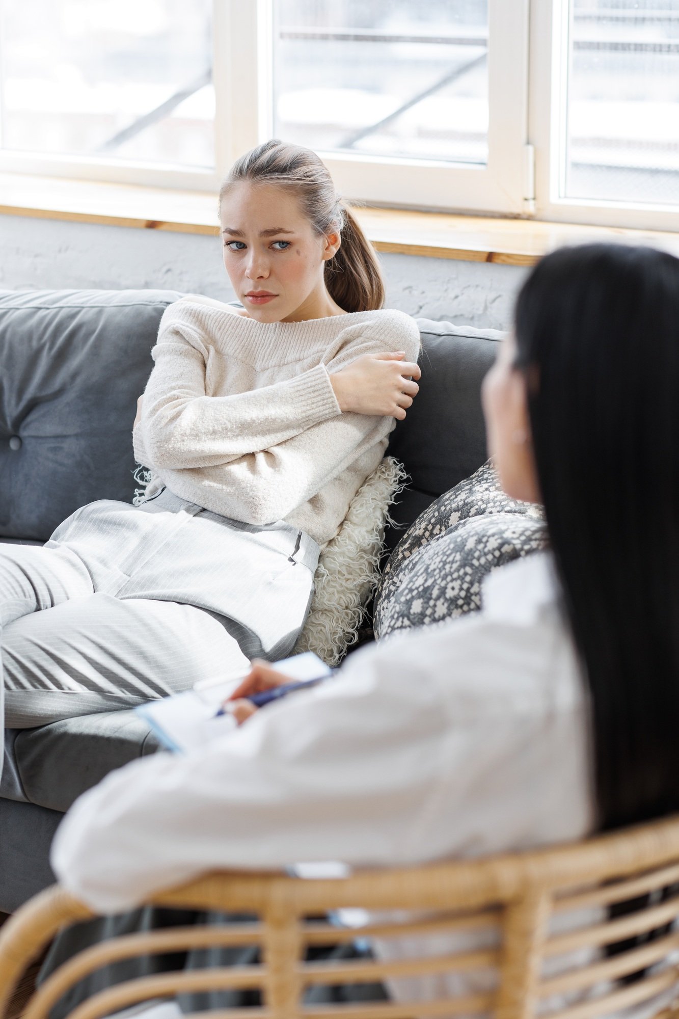 Concept of mental health. Session at phycologist. Patient and doctor in the cabinet Concept of mental health. Session at phycologist. Patient and doctor in the cabinet